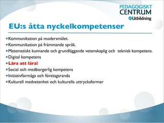 EU:s åtta nyckelkompetenser
Kommunikation på modersmålet.
Kommunikation på främmande språk.
Matematiskt kunnande och grundläggande vetenskaplig och teknisk kompetens.
Digital kompetens
Lära att lära!
Social och medborgerlig kompetens
Initiativförmåga och företagaranda
Kulturell medvetenhet och kulturella uttrycksformer
 