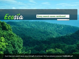 Each free web search saves about  2.4 yd²  of rainforest. We have already protected  13,690,860 yd²   Every search saves rainforest! 