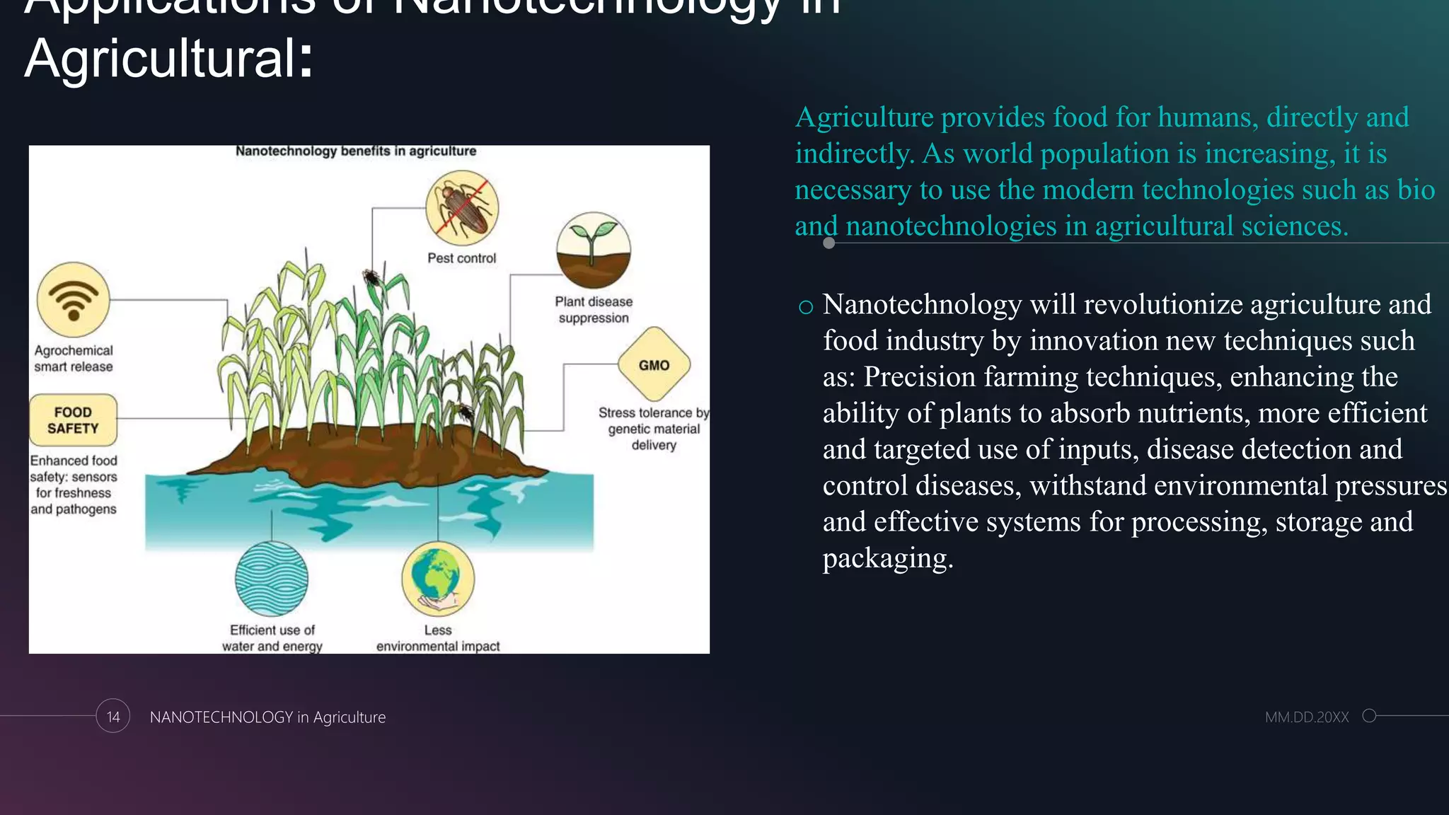 Applications of Nanotechnology in
Agricultural:
Agriculture provides food for humans, directly and
indirectly. As world population is increasing, it is
necessary to use the modern technologies such as bio
and nanotechnologies in agricultural sciences.
o Nanotechnology will revolutionize agriculture and
food industry by innovation new techniques such
as: Precision farming techniques, enhancing the
ability of plants to absorb nutrients, more efficient
and targeted use of inputs, disease detection and
control diseases, withstand environmental pressures
and effective systems for processing, storage and
packaging.
14 NANOTECHNOLOGY in Agriculture MM.DD.20XX
 