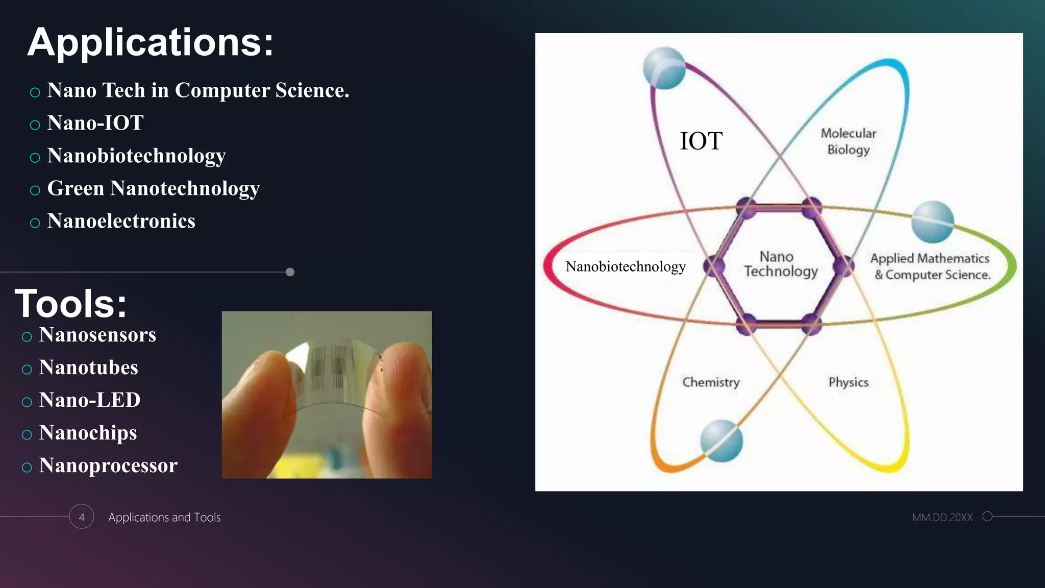Applications:
o Nano Tech in Computer Science.
o Nano-IOT
o Nanobiotechnology
o Green Nanotechnology
o Nanoelectronics
4 Applications and Tools MM.DD.20XX
Nanobiotechnology
IOT
Tools:
o Nanosensors
o Nanotubes
o Nano-LED
o Nanochips
o Nanoprocessor
 