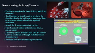 o Provide new options for drug delivery and drug
therapies.
o Enable drugs to be delivered to precisely the
right location in the body and release drug doses
on a predetermined schedule for optimal
treatment.
o Attach the drug to a nanosized carrier.
o They become localized at the disease site, i.e.
cancer tumor
o Then they release medicine that kills the tumor.•
Current treatment is through radiotherapy or
chemotherapy.
o Nanobots can clear the blockage in arteries.
10 Nanotechnology in Cancer Treatment
Nanotechnology in Drugs(Cancer ) :
 