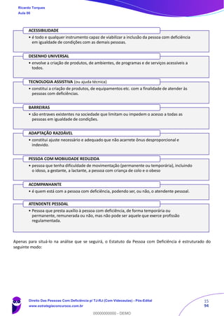 15
94
Apenas para situá-lo na análise que se seguirá, o Estatuto da Pessoa com Deficiência é estruturado do
seguinte modo:
• é todo e qualquer instrumento capaz de viabilizar a inclusão da pessoa com deficiência
em igualdade de condições com as demais pessoas.
ACESSIBILIDADE
• envolve a criação de produtos, de ambientes, de programas e de serviços acessíveis a
todos.
DESENHO UNIVERSAL
• constitui a criação de produtos, de equipamentos etc. com a finalidade de atender às
pessoas com deficiências.
TECNOLOGIA ASSISTIVA (ou ajuda técnica)
• são entraves existentes na sociedade que limitam ou impedem o acesso a todas as
pessoas em igualdade de condições.
BARREIRAS
• constitui ajuste necessário e adequado que não acarrete ônus desproporcional e
indevido.
ADAPTAÇÃO RAZOÁVEL
• pessoa que tenha dificuldade de movimentação (permanente ou temporária), incluindo
o idoso, a gestante, a lactante, a pessoa com criança de colo e o obeso
PESSOA COM MOBILIDADE REDUZIDA
• é quem está com a pessoa com deficiência, podendo ser, ou não, o atendente pessoal.
ACOMPANHANTE
• Pessoa que presta auxílio à pessoa com deficiência, de forma temporária ou
permanente, remunerada ou não, mas não pode ser aquele que exerce profissão
regulamentada.
ATENDENTE PESSOAL
Ricardo Torques
Aula 00
Direito Das Pessoas Com Deficiência p/ TJ-RJ (Com Videoaulas) - Pós-Edital
www.estrategiaconcursos.com.br
0
00000000000 - DEMO
 