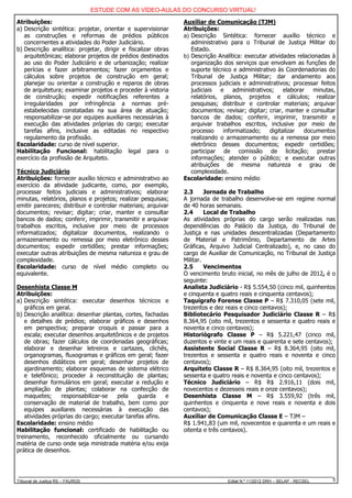 ESTUDE COM AS VÍDEO-AULAS DO CONCURSO VIRTUAL!

Atribuições:                                                   Auxiliar de Comunicação (TJM)
a) Descrição sintética: projetar, orientar e supervisionar     Atribuições:
   as construções e reformas de prédios públicos               a) Descrição Sintética: fornecer auxílio técnico e
   concernentes a atividades do Poder Judiciário.                 administrativo para o Tribunal de Justiça Militar do
b) Descrição analítica: projetar, dirigir e fiscalizar obras      Estado.
   arquitetônicas; elaborar projetos de prédios destinados     b) Descrição Analítica: executar atividades relacionadas à
   ao uso do Poder Judiciário e de urbanização; realizar          organização dos serviços que envolvam as funções de
   perícias e fazer arbitramentos; fazer orçamentos e             suporte técnico e administrativo às Coordenadorias do
   cálculos sobre projetos de construção em geral;                Tribunal de Justiça Militar; dar andamento aos
   planejar ou orientar a construção e reparos de obras           processos judiciais e administrativos; processar feitos
   de arquitetura; examinar projetos e proceder à vistoria        judiciais e administrativos;        elaborar minutas,
   de construção; expedir notificações referentes a               relatórios, planos, projetos e cálculos; realizar
   irregularidades por infringência a normas pré-                 pesquisas; distribuir e controlar materiais; arquivar
   estabelecidas constatadas na sua área de atuação;              documentos; revisar; digitar; criar, manter e consultar
   responsabilizar-se por equipes auxiliares necessárias à        bancos de dados; conferir, imprimir, transmitir e
   execução das atividades próprias do cargo; executar            arquivar trabalhos escritos, inclusive por meio de
   tarefas afins, inclusive as editadas no respectivo             processo    informatizado;    digitalizar   documentos
   regulamento da profissão.                                      realizando o armazenamento ou a remessa por meio
Escolaridade: curso de nível superior.                            eletrônico desses documentos; expedir certidões;
Habilitação Funcional: habilitação legal para o                   participar de comissão de licitação; prestar
exercício da profissão de Arquiteto.                              informações; atender o público; e executar outras
                                                                  atribuições de mesma natureza e grau de
Técnico Judiciário                                                complexidade.
Atribuições: fornecer auxílio técnico e administrativo ao      Escolaridade: ensino médio
exercício da atividade judicante, como, por exemplo,
processar feitos judiciais e administrativos; elaborar         2.3      Jornada de Trabalho
minutas, relatórios, planos e projetos; realizar pesquisas;    A jornada de trabalho desenvolve-se em regime normal
emitir pareceres; distribuir e controlar materiais; arquivar   de 40 horas semanais.
documentos; revisar; digitar; criar, manter e consultar        2.4      Local de Trabalho
bancos de dados; conferir, imprimir, transmitir e arquivar     As atividades próprias do cargo serão realizadas nas
trabalhos escritos, inclusive por meio de processos            dependências do Palácio da Justiça, do Tribunal de
informatizados; digitalizar documentos, realizando o           Justiça e nas unidades descentralizadas (Departamento
armazenamento ou remessa por meio eletrônico desses            de Material e Patrimônio, Departamento de Artes
documentos; expedir certidões; prestar informações;            Gráficas, Arquivo Judicial Centralizado), e, no caso do
executar outras atribuições de mesma natureza e grau de        cargo de Auxiliar de Comunicação, no Tribunal de Justiça
complexidade.                                                  Militar.
Escolaridade: curso de nível médio completo ou                 2.5      Vencimentos
equivalente.                                                   O vencimento bruto inicial, no mês de julho de 2012, é o
                                                               seguinte:
Desenhista Classe M                                            Analista Judiciário - R$ 5.554,50 (cinco mil, quinhentos
Atribuições:                                                   e cinquenta e quatro reais e cinquenta centavos);
a) Descrição sintética: executar desenhos técnicos e           Taquígrafo Forense Classe P – R$ 7.310,05 (sete mil,
   gráficos em geral.                                          trezentos e dez reais e cinco centavos);
b) Descrição analítica: desenhar plantas, cortes, fachadas     Bibliotecário Pesquisador Judiciário Classe R – R$
   e detalhes de prédios; elaborar gráficos e desenhos         8.364,95 (oito mil, trezentos e sessenta e quatro reais e
   em perspectiva; preparar croquis e passar para a            noventa e cinco centavos);
   escala; executar desenhos arquitetônicos e de projetos      Historiógrafo Classe P – R$ 5.221,47 (cinco mil,
   de obras; fazer cálculos de coordenadas geográficas;        duzentos e vinte e um reais e quarenta e sete centavos);
   elaborar e desenhar letreiros e cartazes, clichês,          Assistente Social Classe R – R$ 8.364,95 (oito mil,
   organogramas, fluxogramas e gráficos em geral; fazer        trezentos e sessenta e quatro reais e noventa e cinco
   desenhos didáticos em geral; desenhar projetos de           centavos);
   ajardinamento; elaborar esquemas de sistema elétrico        Arquiteto Classe R – R$ 8.364,95 (oito mil, trezentos e
   e telefônico; proceder à reconstituição de plantas;         sessenta e quatro reais e noventa e cinco centavos);
   desenhar formulários em geral; executar a redução e         Técnico Judiciário – R$ R$ 2.916,11 (dois mil,
   ampliação de plantas; colaborar na confecção de             novecentos e dezesseis reais e onze centavos);
   maquetes;     responsabilizar-se   pela     guarda    e     Desenhista Classe M – R$ 3.559,92 (três mil,
   conservação de material de trabalho, bem como por           quinhentos e cinquenta e nove reais e noventa e dois
   equipes auxiliares necessárias à execução das               centavos);
   atividades próprias do cargo; executar tarefas afins.       Auxiliar de Comunicação Classe E – TJM –
Escolaridade: ensino médio                                     R$ 1.941,83 (um mil, novecentos e quarenta e um reais e
Habilitação funcional: certificado de habilitação ou           oitenta e três centavos).
treinamento, reconhecido oficialmente ou cursando
matéria de curso onde seja ministrada matéria e/ou exija
prática de desenhos.




Tribunal de Justiça RS – FAURGS                                                Edital N.º 11/2012 DRH – SELAP - RECSEL   5
 