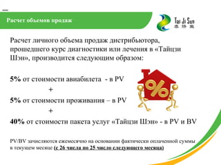 ―
Расчет объемов продаж


    Расчет личного объема продаж дистрибьютора,
    прошедшего курс диагностики или лечения в «Тайцзи
    Шэн», производится следующим образом:

    5% от стоимости авиабилета - в PV
               +
    5% от стоимости проживания – в PV
               +
    40% от стоимости пакета услуг «Тайцзи Шэн» - в PV и BV

    PV/BV зачисляются ежемесячно на основании фактически оплаченной суммы
    в текущем месяце (с 26 числа по 25 число следующего месяца)
 