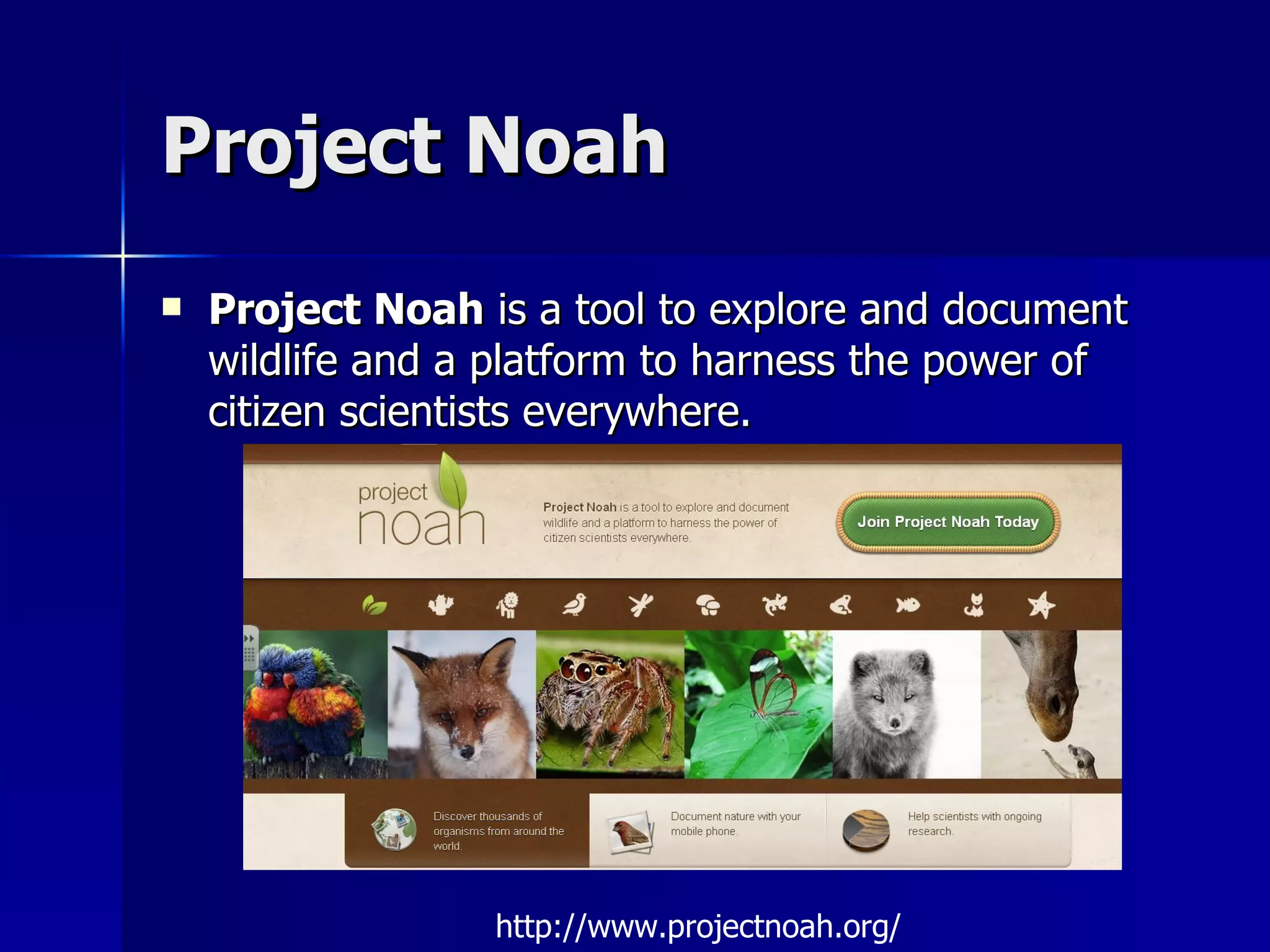 Project Noah Project Noah  is a tool to explore and document wildlife and a platform to harness the power of citizen scientists everywhere.  http://www.projectnoah.org/ 