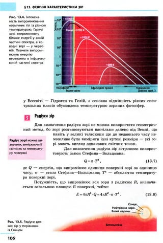 §13. ФІЗИЧНІ ХАРАКТЕРИСТИКИ ЗІР
Рис. 13.4. Інтенсив-
ність випромінювання
космічних тіл із різною
температурою. Гарячі
зорі випромінюють
більше енергії у синій
частині спектра, а хо-
лодні зорі — у черво-
ній. Планети випромі-
нюють енергію
переважно в інфрачер-
воній частині спектра
Ультрафіолет
Видиме світло
Інфрачервоні промені Радіодіапазон
Довжина хвилі, X
у Всесвіті — Гідроген та Гелій, а основна відмінність різних спек-
тральних класів обумовлена температурою зоряних фотосфер.
Радіуси зір
Для визначення радіуса зорі не можна використати геометрич-
ний метод, бо зорі розташовуються настільки далеко від Землі, що
навіть у великі телескопи ще до недавнього часу не-
можливо було виміряти їхні кутові розміри — усі зо-
рі мають вигляд однакових світлих точок.
Для визначення радіуса зір астрономи викорис-
товують закон Стефана—Больцмана:
Радіус зорі можна ви-
значити, вимірюючи її
світність та температу-
ру поверхні
Q = о • Т4 , (13.7)
де Q — енергія, що випромінює одиниця поверхні зорі за одиницю
часу; о — стала Стефана—Больцмана; Т4 — абсолютна температу-
ра поверхні зорі.
Потужність, що випромінює вся зоря з радіусом R, визнача-
ється загальною площею її поверхні, тобто:
E = 4nR2 Q = 4nR2 а-Т4 (13.8)
Рис. 13.5. Радіуси дея-
ких зір у порівнянні
із Сонцем
Сонцеч
Нейтронна зоря.
Білий карлик.
Бетельгейзе
106
 