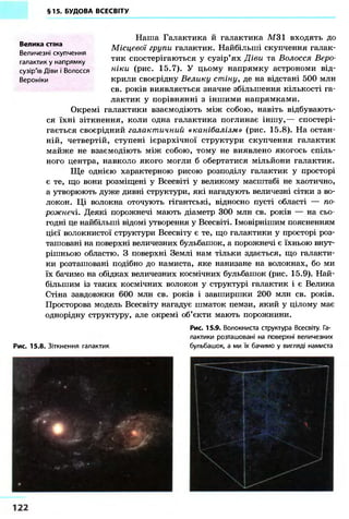 §15. БУДОВА ВСЕСВІТУ
Наша Галактика й галактика М31 входять до
Місцевої групи галактик. Найбільші скупчення галак-
тик спостерігаються у сузір'ях Діви та Волосся Веро-
ніки (рис. 15.7). У цьому напрямку астрономи від-
крили своєрідну Велику стіну, де на відстані 500 млн
св. років виявляється значне збільшення кількості га-
лактик у порівнянні з іншими напрямками.
Окремі галактики взаємодіють між собою, навіть відбувають-
ся їхні зіткнення, коли одна галактика поглинає іншу,— спостері-
гається своєрідний галактичний «канібалізм» (рис. 15.8). На остан-
ній, четвертій, ступені ієрархічної структури скупчення галактик
майже не взаємодіють між собою, тому не виявлено якогось спіль-
ного центра, навколо якого могли б обертатися мільйони галактик.
Ще однією характерною рисою розподілу галактик у просторі
є те, що вони розміщені у Всесвіті у великому масштабі не хаотично,
а утворюють дуже дивні структури, які нагадують величезні сітки з во-
локон. Ці волокна оточують гігантські, відносно пусті області — по-
рожнечі. Деякі порожнечі мають діаметр 300 млн св. років — на сьо
годні це найбільші відомі утворення у Всесвіті. Імовірнішим поясненням
цієї волокнистої структури Всесвіту є те, що галактики у просторі роз-
ташовані на поверхні величезних бульбашок, а порожнечі є їхньою внут-
рішньою областю. З поверхні Землі нам тільки здається, що галакти-
ки розташовані подібно до намиста, яке нанизане на волокнах, бо ми
їх бачимо на обідках величезних космічних бульбашок (рис. 15.9). Най-
більшим із таких космічних волокон у структурі галактик і є Велика
Стіна завдовжки 600 млн св. років і завширшки 200 млн св. років.
Просторова модель Всесвіту нагадує шматок пемзи, який у цілому має
однорідну структуру, але окремі об'єкти мають порожнини.
Рис. 15.9. Волокниста структура Всесвіту. Га-
лактики розташовані на поверхні величезних
Рис. 15.8. Зіткнення галактик бульбашок, а ми їх бачимо у вигляді намиста
Велика стіна
Величезні скупчення
галактик у напрямку
сузір'їв Діви і Волосся
Вероніки
 