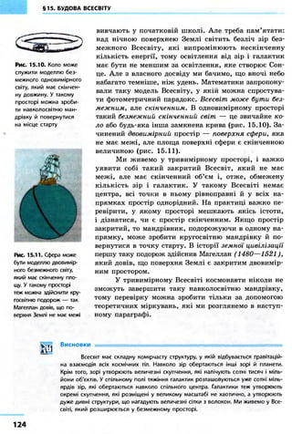 §15. БУДОВА ВСЕСВІТУ
Рис. 15.10. Коло може
служити моделлю без-
межного одновимірного
світу, який має скінчен-
ну довжину. У такому
просторі можна зроби
ти навколосвітню ман-
дрівку й повернутися
на місце старту
Рис. 15.11. Сфера може
бути моделлю двовимір-
ного безмежного світу,
який має скінченну пло-
щу. У такому просторі
теж можна здійснити кру-
госвітню подорож — так
Магеллан довів, що по-
верхня Землі не має межі
вивчають у початковій школі. Але треба пам'ятати:
над нічною поверхнею Землі світить безліч зір без-
межного Всесвіту, які випромінюють нескінченну
кількість енергії, тому освітлення від зір і галактик
має бути не меншим за освітлення, яке створює Сон-
це. Але з власного досвіду ми бачимо, що вночі небо
набагато темніше, ніж удень. Математики запропону-
вали таку модель Всесвіту, у як Й можна спростува-
ти фотометричний парадокс. Всесвіт може бути без-
межним, але скінченним. В одновимірному просторі
такий безмежний скінченний світ — це звичайне ко-
ло або будь-яка інша замкнена крива (рис. 15.10). За-
чинений двовимірний простір — поверхня сфери, яка
не має межі, але площа поверхні сфери є скінченною
величиною (рис. 15.11).
Ми живемо у тривимірному просторі, і важко
уявити собі такий закритий Всесвіт, який не має
межі, але має скінченний об'єм і, отже, обмежену
кількість зір і галактик. У такому Всесвіті немає
центра, всі точки в ньому рівноправні й у всіх на-
прямках простір однорідний. На практиці важко пе-
ревірити, у якому просторі мешкають якісь істоти,
і дізнатися, чи є простір скінченним. Якщо простір
закритий, то мандрівник, подорожуючи в одному на-
прямку, може зробити кругосвітню мандрівку й по-
вернутися в точку старту. В історії земнбі цивілізації
першу таку подорож здійснив Магеллан (1480—1521),
який довів, що поверхня Землі є закритим двовимір-
ним простором.
У тривимірному Всесвіті космонавти ніколи не
зможуть завершити таку навколосвітню мандрівку,
тому перевірку можна зробити тільки за допомогою
теоретичних міркувань, які ми розглянемо в наступ
ному параграфі.
gjj^j Висновки •
Всесвіт має складну комірчасту структуру, у якій відбувається гравітацій-
на взаємодія всіх космічних тіл. Навколо зір обертаються інші зорі й планети.
Крім того, зорі утворюють величезні скупчення, які налічують сотні тисяч і міль-
йони об'єкт в. У спільному полі тяжіння галактик розташовуються уже сотні міль-
ярдів зір, які обертаються навколо спільного центра. Галактики теж утворюють
окремі скупчення, які розміщені у великому масштабі не хаотично, а утворюють
дуже дивні структури, що нагадують величезні сітки з волокон. Ми живемо у Все-
світі, який розширюється у безмежному просторі.
1 2 4
 