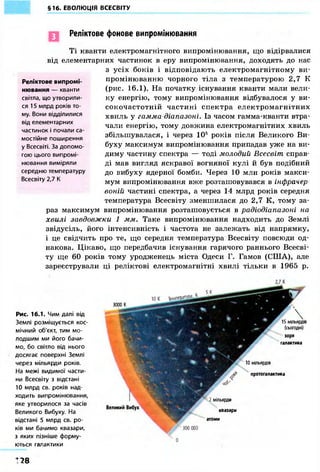 §16. ЕВОЛЮЦІЯ ВСЕСВІТУ
Реліктове фонове випромінювання
Ті кванти електромагнітного випромінювання, що відірвалися
від елементарних частинок в еру випромінювання, доходять до нас
з усіх боків і відповідають електромагнітному ви-
промінюванню чорного тіла з температурою 2,7 К
(рис. 16.1). На початку існування кванти мали вели-
ку енергію, тому випромінювання відбувалося у ви-
сокочастотній частині спектра електромагнітних
хвиль у гамма-діапазоні. Із часом гамма-кванти втра-
чали енергію, тому довжина електромагнітних хвиль
збільшувалася, і через 105 років після Великого Ви-
буху максимум випромінювання припадав уже на ви-
диму частину спектра — тоді молодий Всесвіт справ-
ді мав вигляд яскравої вогняної кулі й був подібний
до вибуху ядерної бомби. Через 10 млн років макси-
мум випромінювання вже розташовувався в інфрачер
воній частині спектра, а через 14 млрд років середня
температура Всесвіту зменшилася до 2,7 К, тому за-
раз максимум випромінювання розташовується в радіодіапазоні на
хвилі завдовжки 1 мм. Таке випромінювання надходить до Землі
звідусіль, його інтенсивність і частота не залежать від напрямку,
і це свідчить про те, що середня температура Всесвіту повсюди од-
накова. Цікаво, що передбачив існування гарячого раннього Всесві-
ту ще 60 років тому уродженець міста Одеси Г. Гамов (СІЛА), але
зареєстрували ці реліктові електромагнітні хвилі тільки в 1965 р.
Реліктове випромі-
нювання — кванти
світла, що утворили-
ся 15 млрд років то-
му. Вони відділилися
від елементарних
частинок і почали са-
мостійне поширення
у Всесвіті. За допомо-
гою цього випромі-
нювання виміряли
середню температуру
Всесвіту 2,7 К
Рис. 16.1. Чим далі від
Землі розміщується кос-
мічний об'єкт, тим мо-
лодшим ми його бачи-
мо, бо світло від нього
досягає поверхні Землі
через мільярди років.
На межі видимої части-
ни Всесвіту з відстані
10 млрд св. років над-
ходить випромінювання,
яке утворилося за часів
Великого Вибуху. На
відстані 5 млрд св. ро-
ків ми бачимо квазари,
з яких пізніше форму-
ються галактики
10 мільярдів
протогалактика
3000 к
15 мільярдів
(сьогодні)
зоря
галактика
мільярди
квазари
атоми
Великий Вибух
Z7B
 
