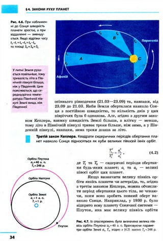 §4. ЗАКОНИ РУХУ ПЛАНЕТ
Рис. 4.6. При наближен-
ні до Сонця швидкість
планети зростає, а при
віддаленні — зменшу-
ється. Якщо відрізки часу
t2-t, = tA-t3=t6-t5,
то площі 5„=5В=5С
У липні Земля руха-
ється повільніше, тому
тривалість літа в Пів-
нічній півкулі більша,
ніж у Південній. Цим
пояснюється, що се-
редньорічна темпе-
ратура Північної пів-
кулі Землі вища, ніж
Південної
осіннього рівнодення (21.03—23.09) та, навпаки, від
23.09 до 21.03. Якби Земля оберталася навколо Сон-
ця з постійною швидкістю, то кількість днів у цих
півріччях була б однакова. Але, згідно з другим зако-
ном Кеплера, взимку швидкість Землі більша, а влітку — менша,
тому літо в Північній півкулі триває трохи більше, ніж зима, а у Пів-
денній півкулі, навпаки, зима трохи довша за літо.
Третій закон Кеплера. Квадрати сидеричних періодів обертання пла-
нет навколо Сонця відносяться як куби великих півосей їхніх орбіт.
де Тг та Т2 — сидеричні періоди обертан-
ня будь-яких планет; flj та а2 — великі
півосі орбіт цих планет.
Якщо визначити велику піввісь ор-
біти якоїсь планети чи астероїда, то, згідно
з третім законом Кеплера, можна обчисли-
ти період обертання цього тіла, не чекаю-
чи, поки воно зробить повний оберт на-
вколо Сонця. Наприклад, у 1930 р. було
відкрито нову планету Сонячної системи —
Плутон, яка має велику піввісь орбіти
Рис. 4.7. Із спостережень була визначена велика пів-
вісь орбіти Плутона а2~40 а. о. Враховуючи параме-
три орбіти Землі о„ 7"„ згідно з (4 2) маємо Т2~248 р.
Орбіта Плутона
а2=40 а. о.
7>248 р.
Плутон
34
 