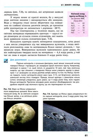 §7. ЗЕМЛЯ І МІСЯЦЬ
Хімічний склад
ґрунту на Місяці, %
(за даними АМС
«Луна-20»)
морями (рис. 7.8), та світліші, які астрономи назвали
материками.
У морях немає ні краплі вологи, бо у вакуумі
вода миттєво закипає і випаровується або замерзає.
Вода у твердому стані могла зберегтися під поверх-
нею на глибині кількох десятків метрів, де протягом
доби температура не змінюється і дорівнює -ЗО °С.
Під час спостережень у телескоп видно, що на
світлих материках переважають кратери — круглі го-
ри діаметром до кількох сотень кілометрів, які мають
вали заввишки кілька кілометрів (рис. 7.9).
Більшість кратерів мають метеоритне походження, хоча деякі
з них могли утворитися під час виверження вулканів, з яких виті-
кала розплавлена лава та заповнювала більш низькі ділянки,— так
виникли моря. Виверження вулканів припинилося дуже давно, бо
вік найстаріших твердих скель на материках — 4,4 млрд років, у той
час як лава в морях застигла близько 3 млрд років тому.
Для допитливих =
Падіння метеоритів є основним фактором, який змінює зовнішній вигляд
поверхні Місяця і призводить до своєрідної ерозії місячного ґрунту. Наприклад,
метеорит із масою 1 кг, який летить зі швидкістю 10 км/с, має таку кінетичну
енергію, ідо при зіткненні з поверхнею Місяця може утворити кратер із діаме-
тром 1 м і розкидати на кілька десятків метрів камінці та пил. На Місяць постій-
но падають тисячі метеоритів різної маси (див. §11), які безупинно змінюють
зовнішній вигляд його повер/ні. Правда, великі кратери з діаметром кілька
сотень кілометрів утворились дуже давно, ще 4 млрд років тому, коли падало
більше метеоритів. Протягом мільярдів років космічні «бомбардування» так роз-
дробили верхній шар місячного ґрунту, що він перетворився на «пил».
Рис. 7.8. Моря на Місяці утворилися
після виверження вулканів. Вони мають
темніший колір, бо за хімічним складом
там більше заліза, а на світліших ділян-
ках більше алюмінію
Рис. 7.9. Кратери на Місяці зараз утворюються піс-
ля падіння метеоритів, хоча 3 млрд років тому там
діяли вулкани
61
 