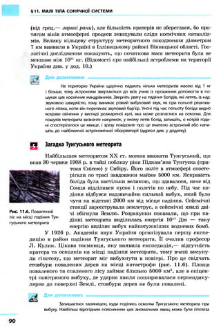 §11. МАЛІ ТІЛА СОНЯЧНОЇ СИСТЕМИ
(від грец.— зоряні рани), але більшість кратерів не збереглася, бо про-
тягом віків атмосферні процеси знищували сліди космічних катакліз-
мів. Велику кільцеву структуру метеоритного походження діаметром
7 км виявили в Україні в Іллінецькому районі Вінницької області. Гео-
логічні дослідження показують, що початкова маса метеорита була не
меншою ніж 1011 кг. (Відомості про найбільші астроблеми на території
України див. у дод. 10.)
ggg Для допитливих =
На територію України щорічно падають кілька метеоритів масою від 1 кг
і більше, тому астрономи звертаються до всіх учнів із проханням допомогти в по-
шуках цих космічних мандрівників. Зверніть увагу на падіння болідів, які летять із над-
звуковою швидкістю, тому виникає різкий вибуховий звук, як при польоті реактив-
ного літака, коли він перетинає звуковий бар'єр. Уночі під час польоту боліда видно
яскраве свічення у вигляді розжареної кулі, яка може розпастися на осколки. Для
пошуків метеорита визначте напрямок, у якому летів болід, запишіть, о котрій годи-
ні спостерігалося це явище, і зразу повідомте про це вчителю астрономії або напи-
шіть до найближчої астрономічної обсерваторії (адреси див. у додатку).
П Загадка Тунгуського метеорита
Найбільшим метеоритом XX ст. можна вважати Тунгуський, що
впав ЗО червня 1908 р. в тайзі поблизу ріки Підкам'яна Тунгуска (при-
тока Єнісею) у Сибіру. Його політ в атмосфері спосте-
рігали по трасі завдовжки майже 5000 км. Яскравість
боліда була настільки великою, що здавалося, наче від
Сонця відділився кусок і полетів по небу. Під час па-
діння відбувся надзвичайно сильний вибух, який було
чути на відстані 2000 км від місця падіння. Сейсмічні
станції зареєстрували землетрус, а сейсмічні хвилі дві-
чі обігнули Землю. Розрахунки показали, що при па-
дінні метеорита виділилась енергія 1017 Дж — таку
енергію виділяє вибух найпотужніших водневих бомб.
У 1926 р. Академія наук України організувала першу експе-
дицію в район падіння Тунгуського метеорита. Її очолив професор
JI. Кулик. Цікава таємниця, яку виявила експедиція,— відсутність
кратера та осколків на місці падіння метеорита, тому вчені висуну-
ли гіпотезу, що метеорит міг вибухнути в повітрі. Про це свідчать
стовбури повалених дерев на місці катастрофи (рис. 11.6). Площа
поваленого та спаленого лісу займає близько 5000 км2, але в епіцен-
трі повітряного вибуху, де ударна хвиля поширювалася перпендику-
лярно до поверхні Землі, стовбури дерев не були повалені.
Рис. 11.6. Повалений
ліс на місці падіння Тун-
гуського метеорита
Для допитливих
Залишається таємницею, куди поділись осколки Тунгуського метеорита при
вибуху Найбільш вірогідним поясненням цих аномальних явищ може бути гіпотеза
 