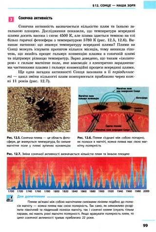 §12. СОНЦЕ — НАША ЗОРЯ
Сонячна активність
Сонячна активність визначається кількістю плям та їхньою за-
гальною площею. Дослідження показали, що температура всередині
плями досить висока і сягає 4500 К, але пляма здається темною на тлі
більш гарячої фотосфери з температурою 5780 К (рис. 12.5, 12.6). Ви-
никає питання: що знижує температуру всередині плями? Плями на
Сонці можуть існувати протягом кількох місяців, тому виникла гіпо-
теза, що якийсь процес гальмує конвекцію плазми в сонячній плямі
та підтримує різницю температур. Зараз доведено, що таким «ізолято-
ром» є сильне магнітне поле, яке взаємодіє з електрично заряджени-
ми частинками плазми і гальмує конвекційні процеси всередині плями.
Ще одна загадка активності Сонця захована в її періодичнос-
ті — цикл зміни кількості плям повторюється приблизно через кож-
ні 11 років (рис. 12.7).
Магнітне поле
/ і над поверхнею Сонця
Магнітне поле
гальмує конвекцію

Гаряча плазма
Магнітне поле всередині Сонця
Фотосфера
Рис. 12.5. Сонячна пляма — це область фото-
сфери, де знижується температура, бо сильне
магнітне поле у плямі зупиняє конвекцію
Рис. 12.6. Плями з'єднані між собою попарно,
як полюси в магніті, кожна пляма має свою маг-
нітну полярність
Рис. 12.7. Зміна сонячної активності визначається кількістю плям та їхньою площею
1700 1720 1740 1760 1780 1800 1820 1840 1860 1880 1900 1920 1940 1960 1980 2000
&3JJ Для допитливих .
Плями зв'язані між собою магнітними силовими лініями подібно до полю-
сів магніту — кожна пляма має свою полярність. Так само, як неможливо розді-
лити північний та південний полюси магніту, так і сонячні плями існують тільки
парами, які мають різні магнітні полярності. Якщо врахувати полярність плям, то
цикл сонячної активності триває приблизно 22 роки.
99
 