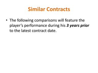 Similar Contracts
• The following comparisons will feature the
player’s performance during his 3 years prior
to the latest contract date.

 