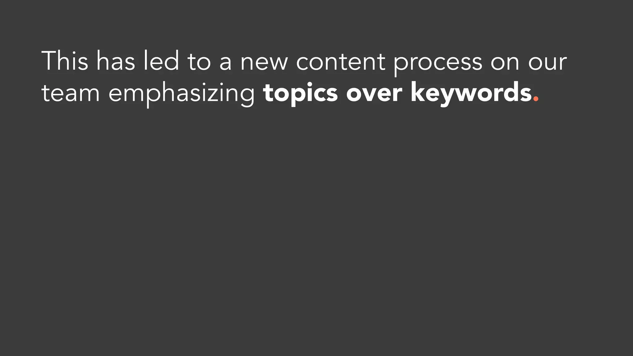 Finding
VI
Doubling down on one
topic across all content
(Site Pages, Blog, Guest
Posts, etc.) is where max
growth is achieved.
 