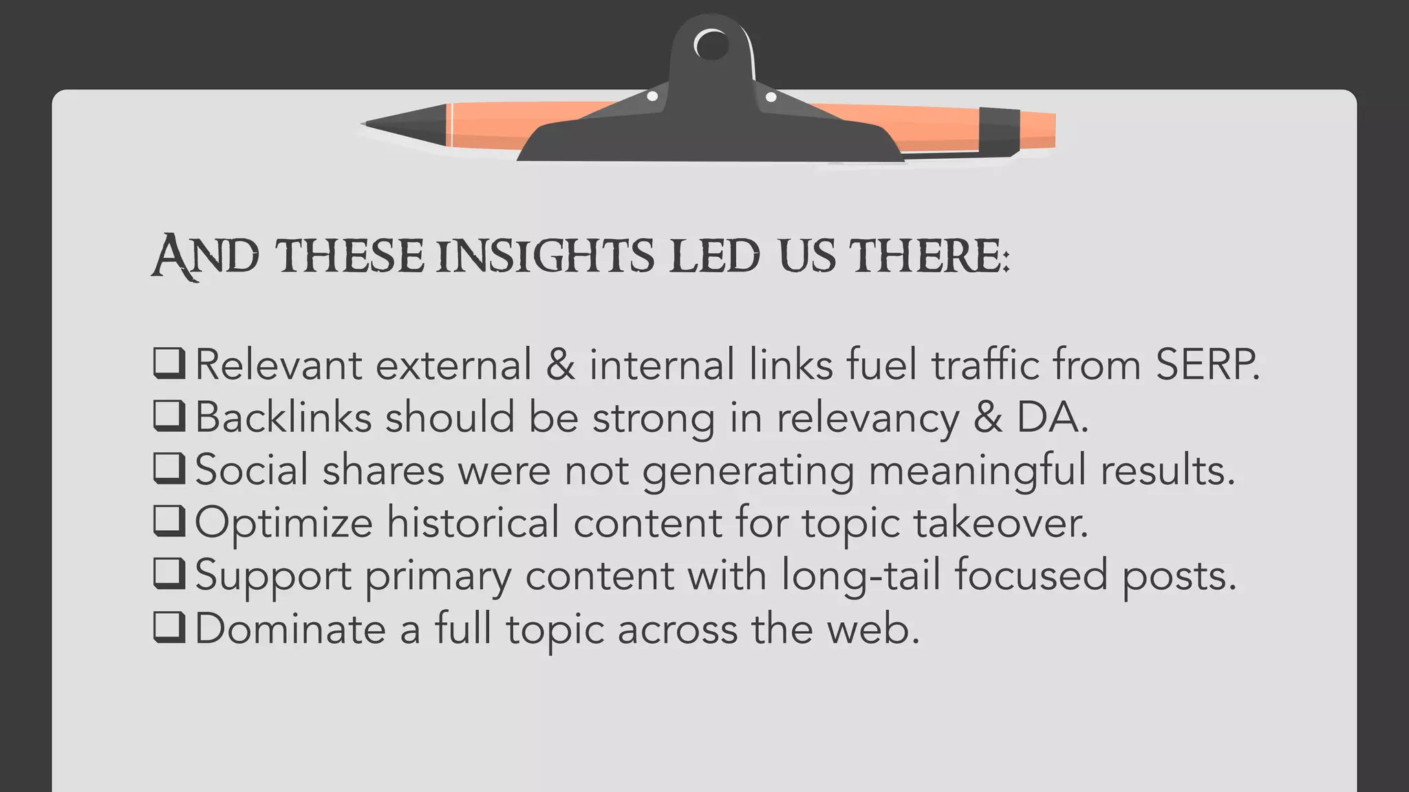 This has led to a new content process on our
team emphasizing topics over keywords.
 