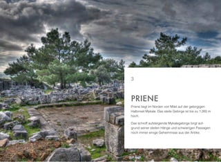 Priene liegt im Norden von Milet auf der gebirgigen
Halbinsel Mykale. Das steile Gebirge ist bis zu 1.265 m
hoch.
Das schroff aufsteigende Mykalegebirge birgt auf-
grund seiner steilen Hänge und schwierigen Passagen
noch immer einige Geheimnisse aus der Antike.
PRIENE
3
 