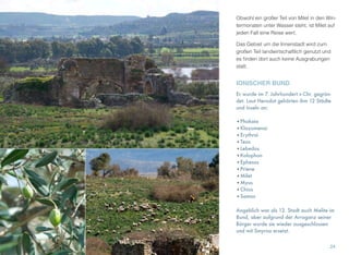 Obwohl ein großer Teil von Milet in den Win-
termonaten unter Wasser steht, ist Milet auf
jeden Fall eine Reise wert.
Das Gebiet um die Innenstadt wird zum
großen Teil landwirtschaftlich genutzt und
es ﬁnden dort auch keine Ausgrabungen
statt.
24
IONISCHER BUND
Er wurde im 7. Jahrhundert v.Chr. gegrün-
det. Laut Herodot gehörten ihm 12 Städte
und Inseln an:
•Phokaia
•Klazomenai
•Erythrai
•Teos
•Lebedos
•Kolophon
•Ephesos
•Priene
•Milet
•Myus
•Chios
•Samos
Angeblich war als 13. Stadt auch Melite im
Bund, aber aufgrund der Arroganz seiner
Bürger wurde sie wieder ausgeschlossen
und mit Smyrna ersetzt.
 