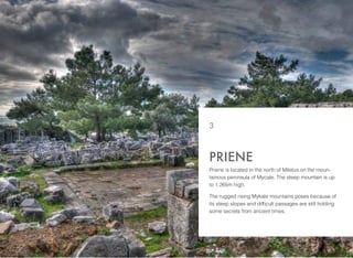 FIRST IMPRESSIONS
It is not known exactly where the ﬁrst settlement of Priene lies. It
is clear that Priene was part of th...