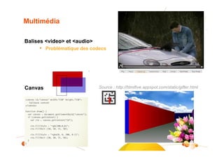 Multimédia

Balises <video> et <audio>
     • Problématique des codecs




Canvas                       Source : http://htmlfive.appspot.com/static/gifter.html




                                                                            10
 