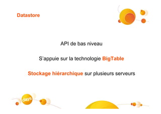 Datastore




                 API de bas niveau

        S’appuie sur la technologie BigTable

    Stockage hiérarchique sur plusieurs serveurs
 