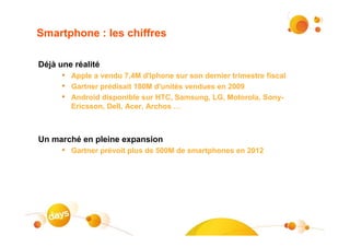 Smartphone : les chiffres

Déjà une réalité
      • Apple a vendu 7,4M d'Iphone sur son dernier trimestre fiscal
      • Gartner prédisait 180M d'unités vendues en 2009
      • Android disponible sur HTC, Samsung, LG, Motorola, Sony-
        Ericsson, Dell, Acer, Archos …



Un marché en pleine expansion
      • Gartner prévoit plus de 500M de smartphones en 2012




                                                                       #3
 