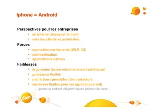 Iphone = Android

Perspectives pour les entreprises
     • en interne (dépasser le mail)
     • vers les clients et partenaires
Forces
     • connexion permanente (Wi-fi, 3G)
     • géolocalisation
     • applications natives
Faiblesses
     •   ergonomie (écran réduit et saisie fastidieuse)
     •   puissance limitée
     •   restrictions possibles des opérateurs
     •   sérieuses limites pour les applications web
          •   iphone et android intègrent Webkit (moteur de rendu)



                                                                     #6
 
