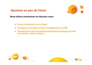 Ajoutons un peu de Cloud

Nous allons commencer en douceur avec:


      Email et calendrier sur le Cloud
      Passage au stockage en ligne et suppression du VPN
      Remplacement des documents bureautiques partagés par des
      documents « dans le Cloud »
 