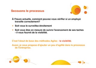 Secouons le processus

À l'heure actuelle, comment pouvez vous vérifier si un employé
   travaille correctement?
  Soit vous le surveillez étroitement
  Soit vous êtes en mesure de suivre l'avancement de ses taches
  - il vous fournit de la visibilité.


C'est l'atout de base des méthodes Agiles : la visibilité.
Aussi, je vous propose d'ajouter un peu d'agilité dans le processus
  de l'entreprise.
 