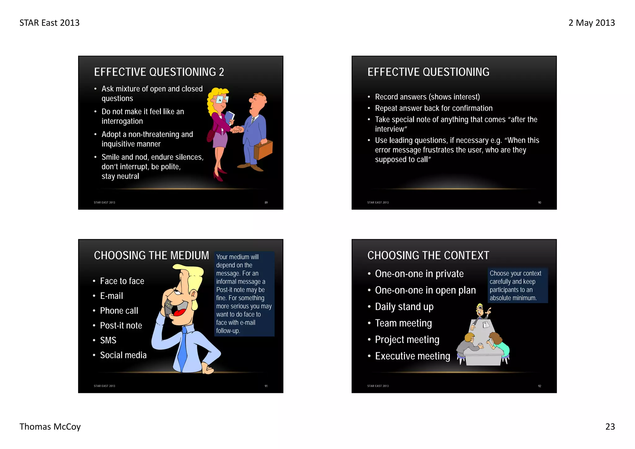 STAR East 2013

2 May 2013

EFFECTIVE QUESTIONING 2

EFFECTIVE QUESTIONING

• Ask mixture of open and closed
questions

• Record answers (shows interest)
• Repeat answer back for confirmation
• Take special note of anything that comes “after the
interview”
• Use leading questions, if necessary e.g. “When this
error message frustrates the user, who are they
supposed to call”

• Do not make it feel like an
interrogation
• Adopt a non-threatening and
inquisitive manner
• Smile and nod, endure silences,
don’t interrupt, be polite,
stay neutral

STAR EAST 2013

CHOOSING THE MEDIUM
• Face to face
• E-mail
• Phone call
• Post-it note

89

Your medium will
depend on the
message. For an
informal message a
Post-it note may be
fine. For something
more serious you may
want to do face to
face with e-mail
follow-up.

STAR EAST 2013

CHOOSING THE CONTEXT
• One-on-one in private
• One-on-one in open plan
• Daily stand up

Choose your context
carefully and keep
participants to an
absolute minimum.

• Team meeting

• SMS

• Project meeting

• Social media

• Executive meeting

STAR EAST 2013

Thomas McCoy

90

91

STAR EAST 2013

92

23

 