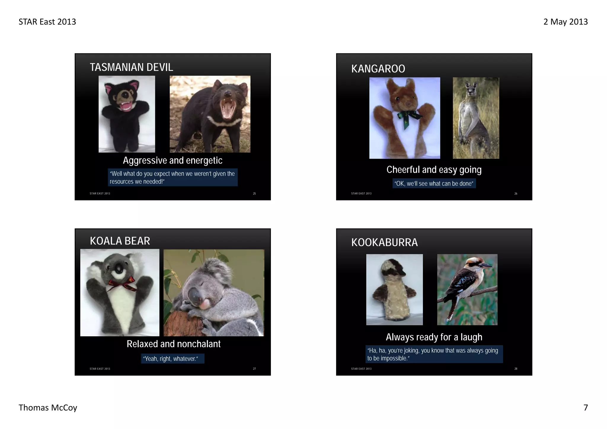 STAR East 2013

2 May 2013

TASMANIAN DEVIL

KANGAROO

Aggressive and energetic

Cheerful and easy going

“Well what do you expect when we weren’t given the
resources we needed!”

“OK, we’ll see what can be done”
25

STAR EAST 2013

KOALA BEAR

KOOKABURRA

Always ready for a laugh

Relaxed and nonchalant

“Ha, ha, you’re joking, you know that was always going
to be impossible.”

“Yeah, right, whatever.”
STAR EAST 2013

Thomas McCoy

26

STAR EAST 2013

27

STAR EAST 2013

28

7

 