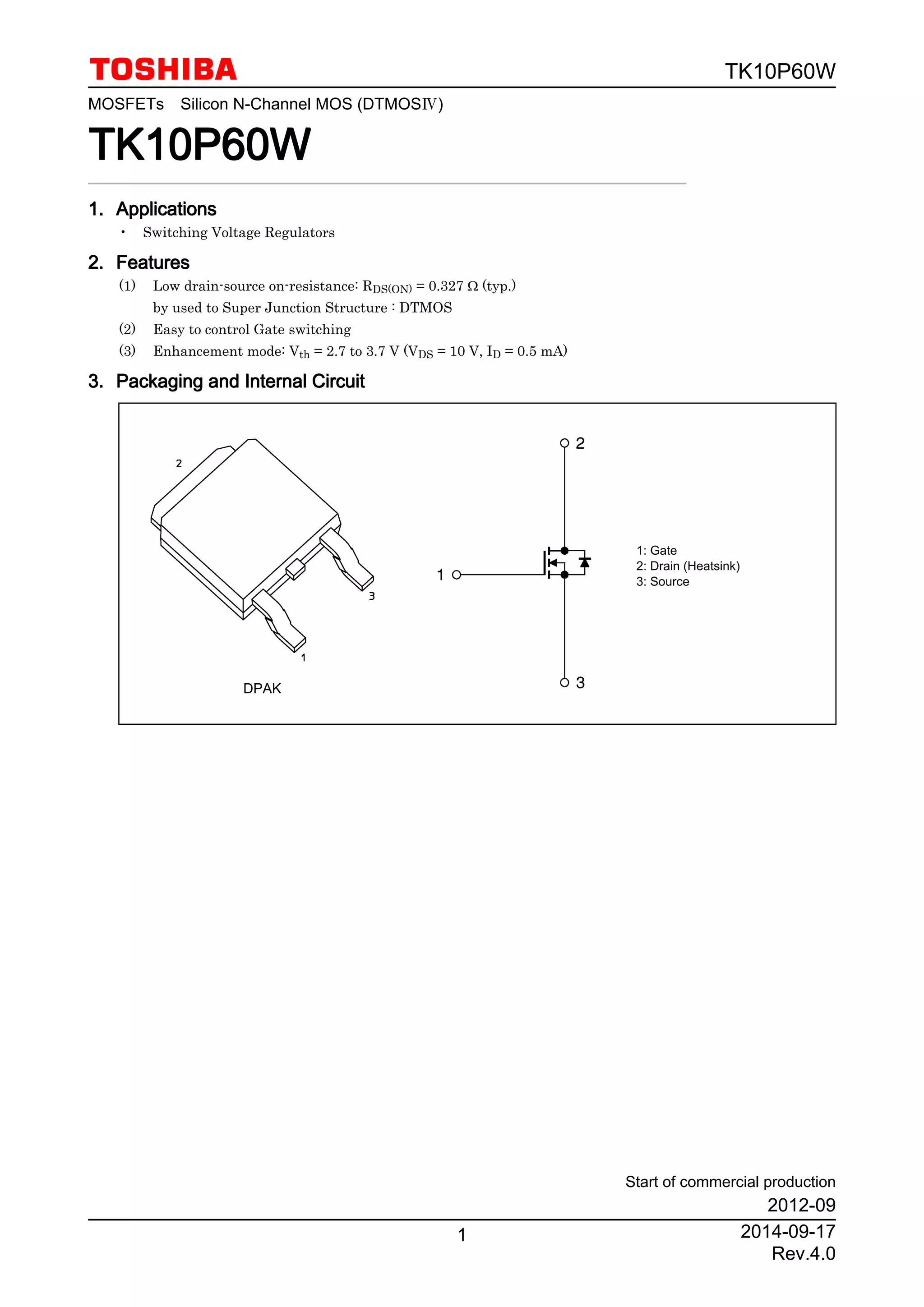 Original N-Channel Mosfet TK10P60 TK10P60W TO-252 New Toshiba | PDF