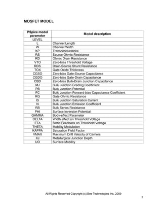 All Rights Reserved Copyright (c) Bee Technologies Inc. 2009
2
MOSFET MODEL
PSpice model
parameter
Model description
LEVEL
L Channel Length
W Channel Width
KP Transconductance
RS Source Ohmic Resistance
RD Ohmic Drain Resistance
VTO Zero-bias Threshold Voltage
RDS Drain-Source Shunt Resistance
TOX Gate Oxide Thickness
CGSO Zero-bias Gate-Source Capacitance
CGDO Zero-bias Gate-Drain Capacitance
CBD Zero-bias Bulk-Drain Junction Capacitance
MJ Bulk Junction Grading Coefficient
PB Bulk Junction Potential
FC Bulk Junction Forward-bias Capacitance Coefficient
RG Gate Ohmic Resistance
IS Bulk Junction Saturation Current
N Bulk Junction Emission Coefficient
RB Bulk Series Resistance
PHI Surface Inversion Potential
GAMMA Body-effect Parameter
DELTA Width effect on Threshold Voltage
ETA Static Feedback on Threshold Voltage
THETA Mobility Modulation
KAPPA Saturation Field Factor
VMAX Maximum Drift Velocity of Carriers
XJ Metallurgical Junction Depth
UO Surface Mobility
 