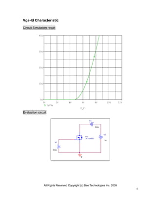 All Rights Reserved Copyright (c) Bee Technologies Inc. 2009
4
0
V2
20
V1
0Vdc
V3
0Vdc
U1
TK15A50D
V_V1
0V 2V 4V 6V 8V 10V 12V
I(V3)
0A
10A
20A
30A
40A
Vgs-Id Characteristic
Circuit Simulation result
Evaluation circuit
 