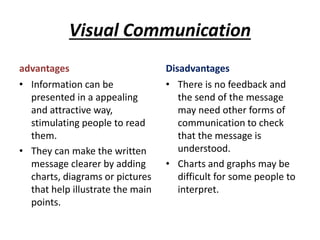 Visual Communication
advantages
• Information can be
presented in a appealing
and attractive way,
stimulating people to read
them.
• They can make the written
message clearer by adding
charts, diagrams or pictures
that help illustrate the main
points.
Disadvantages
• There is no feedback and
the send of the message
may need other forms of
communication to check
that the message is
understood.
• Charts and graphs may be
difficult for some people to
interpret.
 