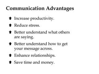 Communication Advantages
 Increase productivity.
 Reduce stress.
 Better understand what others
are saying.
 Better understand how to get
your message across.
 Enhance relationships.
 Save time and money.
 