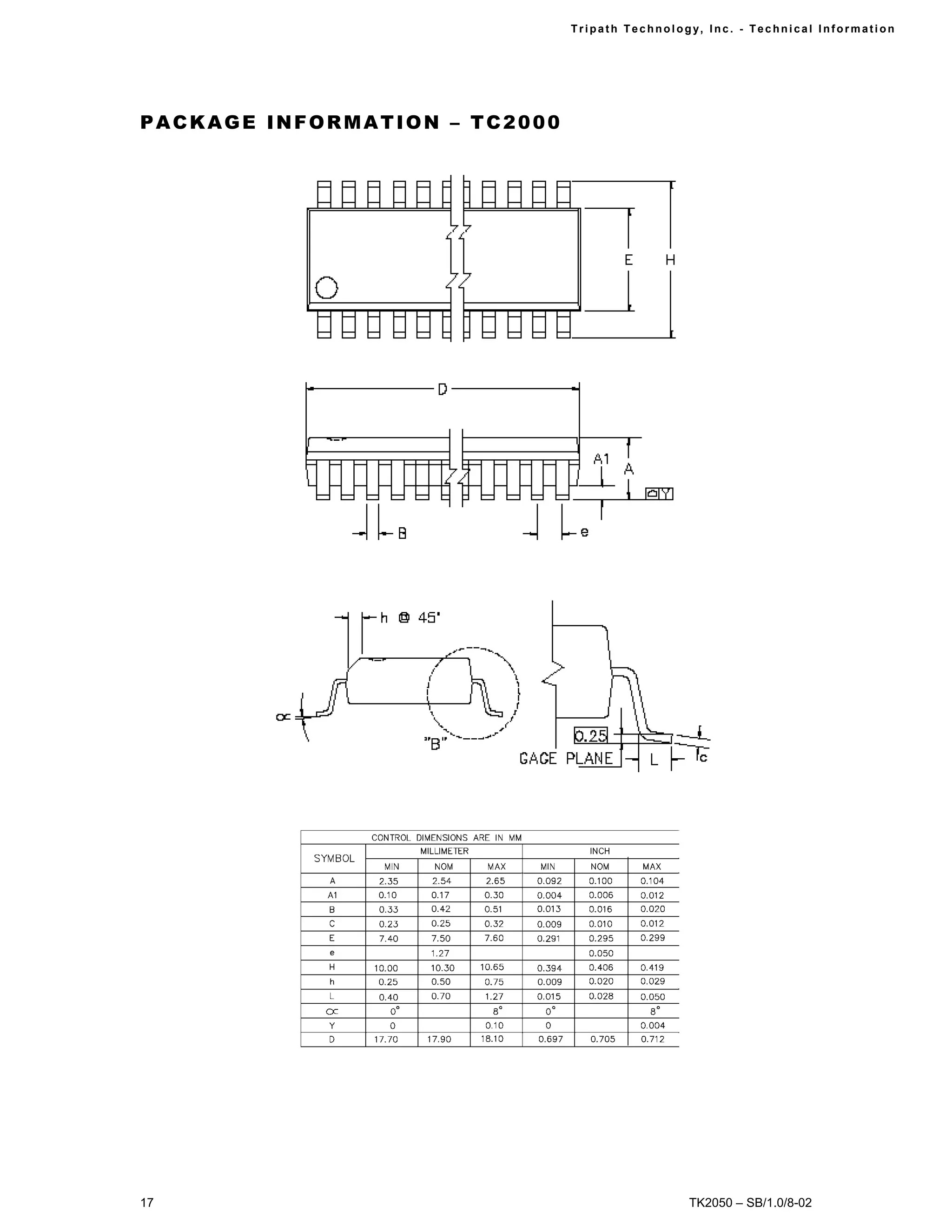 Tr i path Technol ogy, I nc. - Techni cal I nfor m ati on




PACKAGE INFORMATION – TC2000




17                                                 TK2050 – SB/1.0/8-02
 