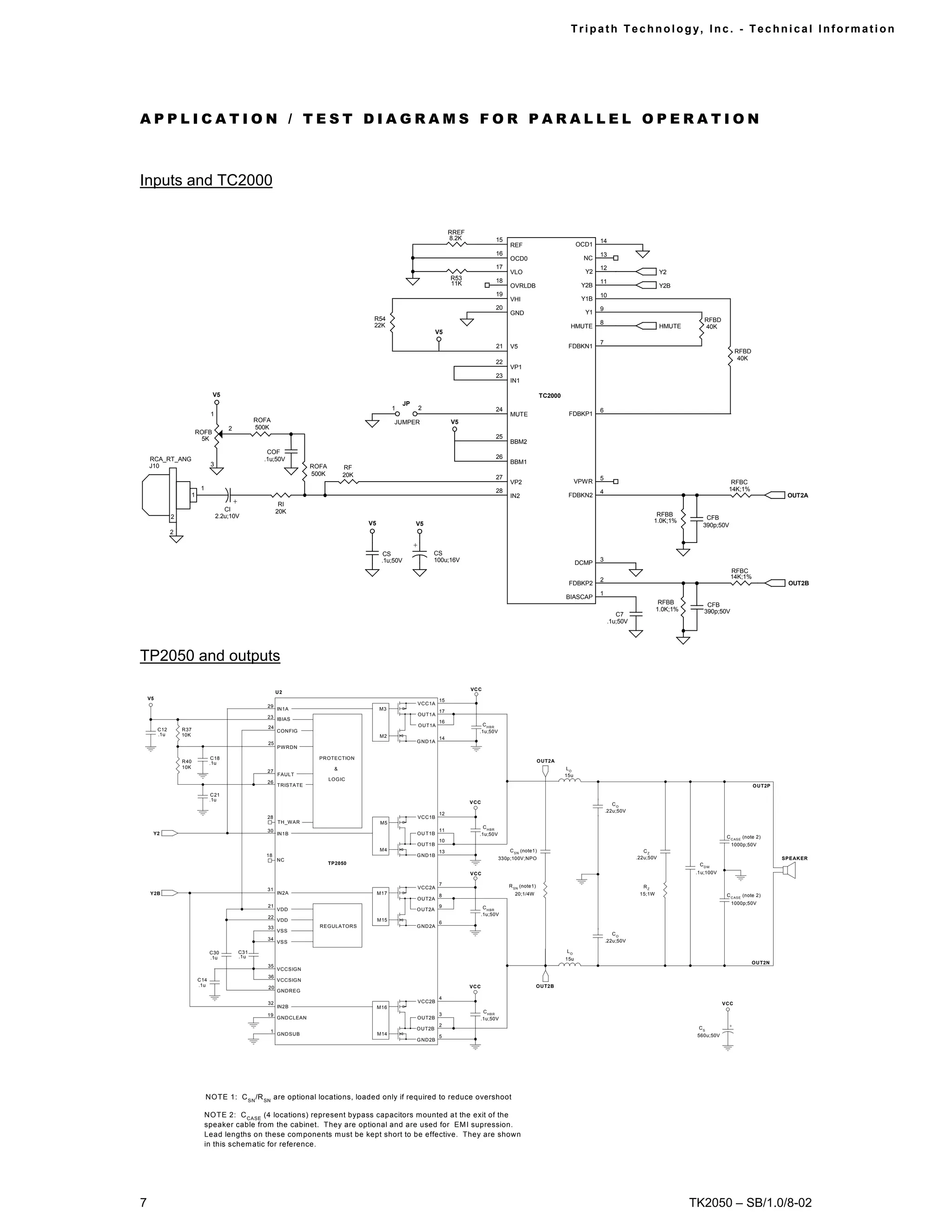 Tr i path Technol ogy, I nc. - Techni cal I nfor m ati on




APPLICATION / TEST DIAGRAMS FOR PARALLEL OPERATION



Inputs and TC2000


                                                                                                                                      RREF
                                                                                                                                      8.2K              15                                        14
                                                                                                                                                              REF                          OCD1
                                                                                                                                                        16                                        13
                                                                                                                                                              OCD0                           NC
                                                                                                                                                        17                                        12
                                                                                                                                                              VLO                            Y2                             Y2
                                                                                                                                      R53               18
                                                                                                                                      11K                                                         11
                                                                                                                                                              OVRLDB                        Y2B                             Y2B
                                                                                                                                                        19                                        10
                                                                                                                                                              VHI                           Y1B
                                                                                                                                                        20                                        9
                                                                                                                                                              GND                            Y1
                                                                                                R54                                                                                                                                     RFBD
                                                                                                22K                                                                                               8
                                                                                                                                                                                       HMUTE                                HMUTE       40K
                                                                                                                             V5
                                                                                                                                                                                                  7
                                                                                                                                                        21    V5                      FDBKN1
                                                                                                                                                                                                                                                      RFBD
                                                                                                                                                                                                                                                       40K
                                                                                                                                                        22
                                                                                                                                                              VP1
                                                                                                                                                        23
                                                                                                                                                              IN1

                                    V5                                                                                                                                      TC2000
                                                                                                               JP
                                                                                                          1             2                               24                                        6
                                   1                                                                                                                          MUTE                    FDBKP1
                                                         ROFA                                             JUMPER                      V5
                                           2             500K
                         ROFB
                          5K                                                                                                                            25
                                                                                                                                                              BBM2
                                                            COF
    RCA_RT_ANG                                             .1u;50V                                                                                      26
                                   3                                                                                                                          BBM1
    J10                                                                     ROFA         RF
                                                                            500K         20K                                                            27                                        5
                                                                                                                                                              VP2                          VPWR                                                    RFBC
                              1                                                                                                                         28                                                                                        14K;1%
                                                                                                                                                                                                  4
                         1                                                                                                                                    IN2                     FDBKN2                                                                            OUT2A
                                               +                  RI
                                          CI                     20K
               2                       2.2u;10V                                                                                                                                                                         RFBB
                                                                                                                                                                                                                       1.0K;1%          CFB
                                                                                               V5                   V5                                                                                                                 390p;50V
               2

                                                                                                                    +
                                                                                                      CS                     CS
                                                                                                     .1u;50V                 100u;16V                                                             3
                                                                                                                                                                                           DCMP
                                                                                                                                                                                                                                                   RFBC
                                                                                                                                                                                                  2                                                14K;1%
                                                                                                                                                                                      FDBKP2                                                                            OUT2B
                                                                                                                                                                                                  1
                                                                                                                                                                                     BIASCAP
                                                                                                                                                                                                                           RFBB          CFB
                                                                                                                                                                                                                          1.0K;1%       390p;50V
                                                                                                                                                                                                         C7
                                                                                                                                                                                                      .1u;50V




TP2050 and outputs
                                                                                                                                             VCC
                                                                 U2
    V5                                                                                                                           15
                                                                                                                    VCC1A
                                                            29
                                                                 IN1A                               M3                           17
                                                                                                                        OUT1A
                                                            23 IBIAS
                                                                                                                                 16
                                                                                                                        O UT1A                  CHBR
         C12       R37                                      24
                                                                 CONFIG                                                                        .1u;50V
         .1u       10K                                                                              M2                           14
                                                            25                                                      G ND1A
                                                                 PWRDN

                                    C18                                       PROTECTION
                   R40             .1u                                                                                                                                      OUT2A
                   10K                                                               &                                                                                                LO
                                                            27
                                                                 FAULT                                                                                                               15u
                                                                                   LOG IC
                                                            26
                                                                 TRISTATE                                                                                                                                                                                     O UT2P
                                    C21
                                   .1u
                                                                                                                                             VCC                                                         CO
                                                                                                                                                                                                      .22u;50V
                                                                                                                                 12
                                                            28                                                      VCC1B
                                                                 TH_WAR                             M5
                                                                                                                                                 C H BR
                                                            30                                                                   11
     Y2                                                          IN1B                                               OU T1B                     .1u;50V
                                                                                                                                                                                                                                                 C C AS E (note 2)
                                                                                                                                 10
                                                                                                                    OUT1B                                                                                                                          1000p;50V
                                                                                                    M4                           13                          C SN (note1)                                           CZ
                                                            18                                                      G ND1B                                                                                       .22u;50V
                                                                 NC                                                                                       330p;100V;NPO                                                                                                SPEAKER
                                                                                   TP2050                                                                                                                                             CDM
                                                                                                                                             VCC                                                                                     .1u;100V

                                                                                                                                 7                           R SN (note1)
                                                                                                                    VCC2A                                                                                          RZ
                                                            31
    Y2B                                                          IN2A                               M17                                                        20;1/4W                                            15;1W                          C C AS E (note 2)
                                                                                                                                 8
                                                                                                                    OUT2A
                                                                                                                                                                                                                                                   1000p;50V
                                                            21                                                                   9                  C H BR
                                                                 VDD                                                O UT2A
                                                                                                                                                   .1u;50V
                                                            22
                                                                 VDD                                M15
                                                                                                                                 6
                                                            33                REGULATORS                            G ND2A
                                                                 VSS
                                                                                                                                                                                                         CO
                                                            34                                                                                                                                        .22u;50V
                                                                 VSS

                                   C30             C31                                                                                                                               LO
                                   .1u             .1u                                                                                                                               15u
                                                                                                                                                                                                                                                             OUT2N
                                                            35
                                                                 VCCSIG N
                                                            36
                             C14                                 VCCSIG N
                             .1u                            20                                                                               VCC                            OUT2B
                                                                 GNDREG
                                                                                                                                 4
                                                            32                                                      VCC2B                                                                                                                       VCC
                                                                 IN2B                               M16
                                                                                                                                                    CHBR
                                                            19                                                                   3
                                                                 GNDCLEAN                                           OUT2B                          .1u;50V
                                                                                                                                 2                                                                                                                +
                                                                                                                    O UT2B                                                                                                            CS
                                                             1
                                                                 GNDSUB                             M14                                                                                                                              560u;50V
                                                                                                                                 5
                                                                                                                    G ND2B




                                  NOTE 1: C SN /R SN are optional locations, loaded only if required to reduce overshoot

                                  NO TE 2: C CASE (4 locations) represent bypass capacitors mounted at the exit of the
                                  speaker cable from the cabinet. They are optional and are used for EM I supression.
                                  Lead lengths on these com ponents must be kept short to be effective. They are shown
                                  in this schem atic for reference.




7                                                                                                                                                                                                                                   TK2050 – SB/1.0/8-02
 