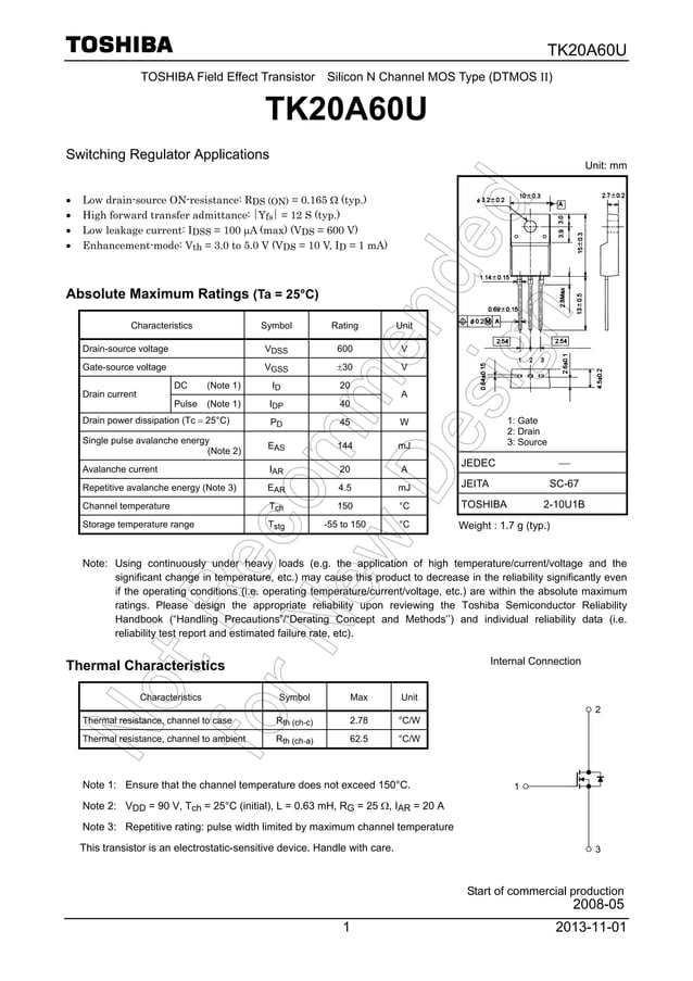 Original N Channel Transistor TK20A60U K20A60U K20A60 20A 600V TO220 New