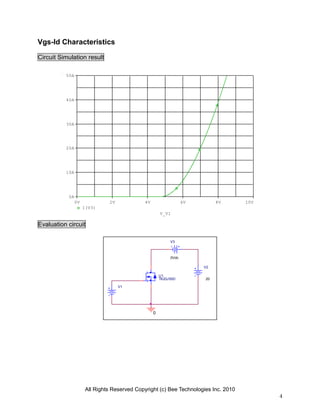 All Rights Reserved Copyright (c) Bee Technologies Inc. 2010
4
V1
V2
20
0
V3
0Vdc
U1
TK20J50D
V_V1
0V 2V 4V 6V 8V 10V
I(V3)
0A
10A
20A
30A
40A
50A
Vgs-Id Characteristics
Circuit Simulation result
Evaluation circuit
 