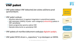 20. Tehnološka konferenca Smart Com
VNF paket
• VNF paket dobavi VNF dobavitelj kot celoto zaščiteno pred
spremembami.
• VNF paket vsebuje:
• Manifest dokument, ki zagotovi integriteto in avtentičnost paketa.
• VNF deskriptor (VNFD), ki poda način nalaganja (onboarding) paketa in
VNF upravljanje.
• Katera programska oprema zažene VNF.
• Opcijske dokumente za upravljanje VNF.
• VNF paketa ali manifest dokument vsebujejo digitalni podpis.
• VNF paket NFVO shrani v „repository“ in je dostopen za VNFM.
Dodatni
dokumenti
VNFD
Program(i)
Manifest
dokument
 