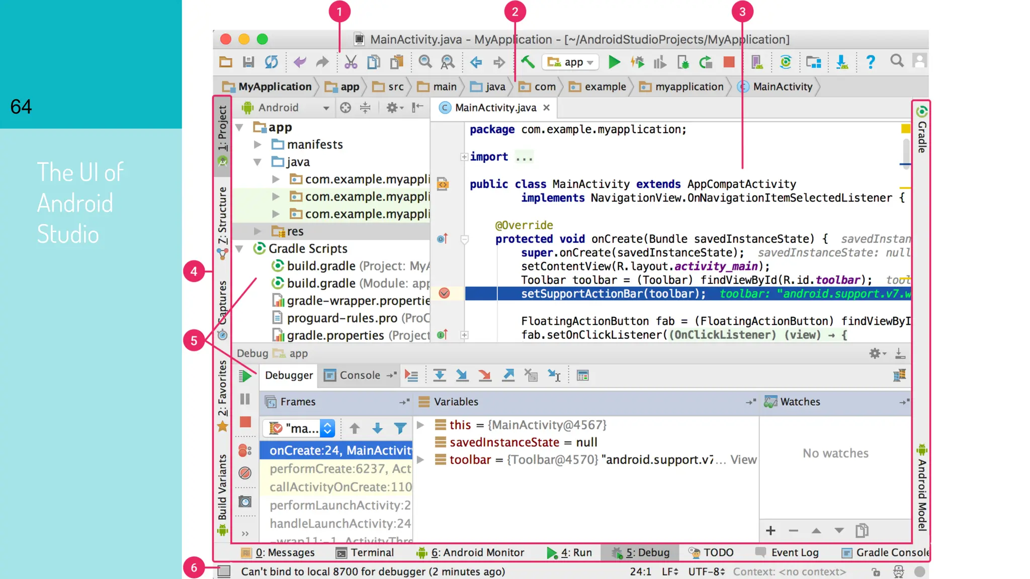 The UI of
Android
Studio
64
 
