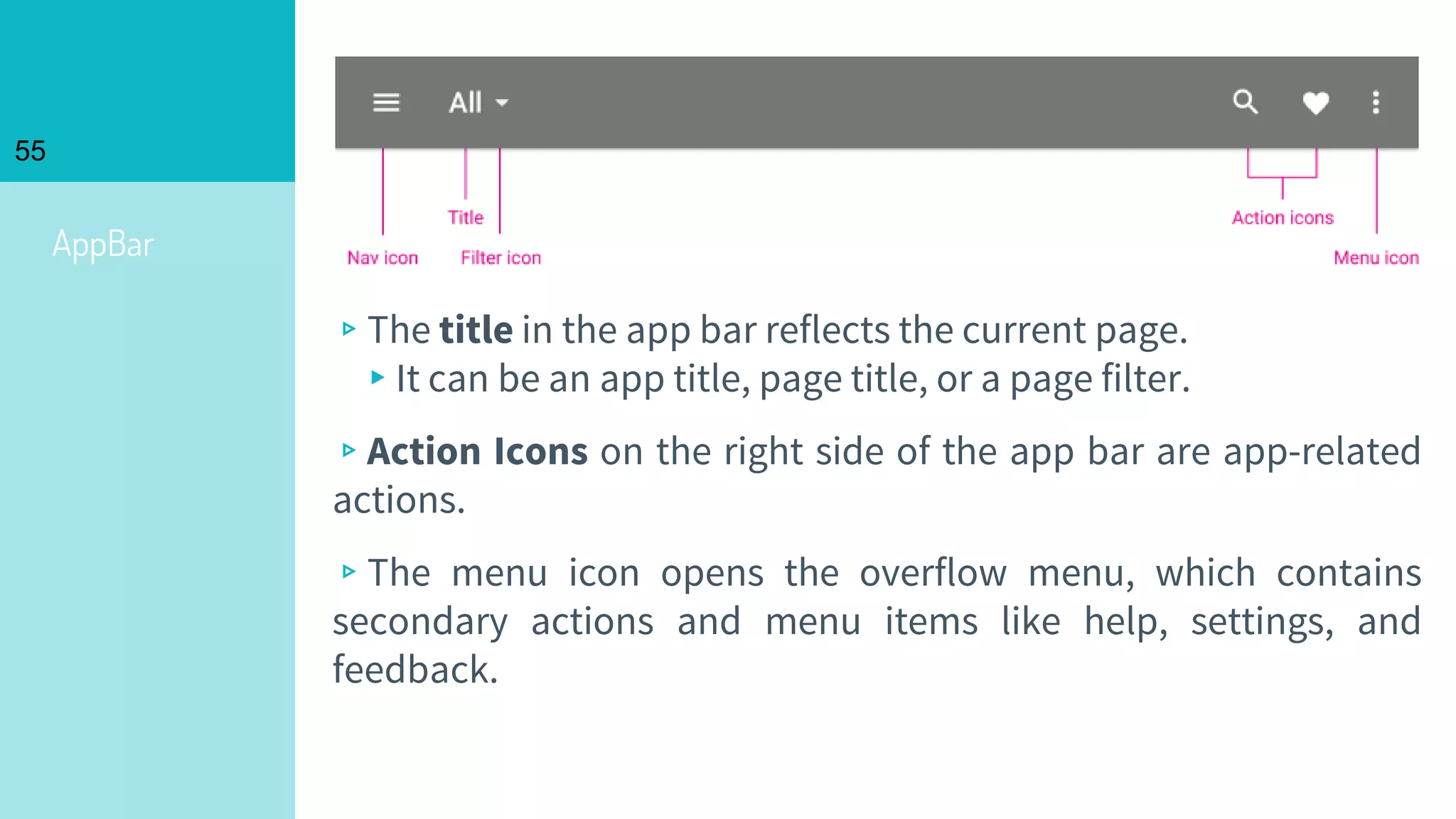 AppBar
55
▹The title in the app bar reflects the current page.
▸It can be an app title, page title, or a page filter.
▹Action Icons on the right side of the app bar are app-related
actions.
▹The menu icon opens the overflow menu, which contains
secondary actions and menu items like help, settings, and
feedback.
 