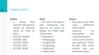 Implicit Intent
Action
▹ A string that
specifies the generic
action to perform
(such as view or
pick).
▹ ACTION_INSERT
▹ ACTION_DIAL
▹ ACTION_VIEW
▹ ACTION_EDIT
▹ ACTION_SEND
Data
▹The URI (a Uri object)
that references the
data to be acted on
and/or the MIME type
of that data.
▹"text/plain“
▹"image/jpeg"
▹"image/bmp"
▹"image/png„
▹"video/wav"
▹"video/mp4"
Extras
▹ Key-value pairs that
carry additional
information
required to
accomplish the
requested action.
▹ Just as some actions
use particular kinds
of data URIs, some
actions also use
particular extras.
25
 