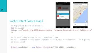 2727
// Map point based on address
Uri location =
Uri.parse("geo:0,0?q=1600+Amphitheatre+Parkway,+Mountain+View,+California"
);
// Or map point based on latitude/longitude
// Uri location = Uri.parse("geo:37.422219,-122.08364?z=14"); // z param
is zoom level
Intent mapIntent = new Intent(Intent.ACTION_VIEW, location);
Implicit Intent (View a map:)
 