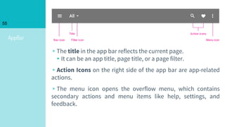 AppBar
55
▹The title in the app bar reflects the current page.
▸It can be an app title, page title, or a page filter.
▹Action Icons on the right side of the app bar are app-related
actions.
▹The menu icon opens the overflow menu, which contains
secondary actions and menu items like help, settings, and
feedback.
 