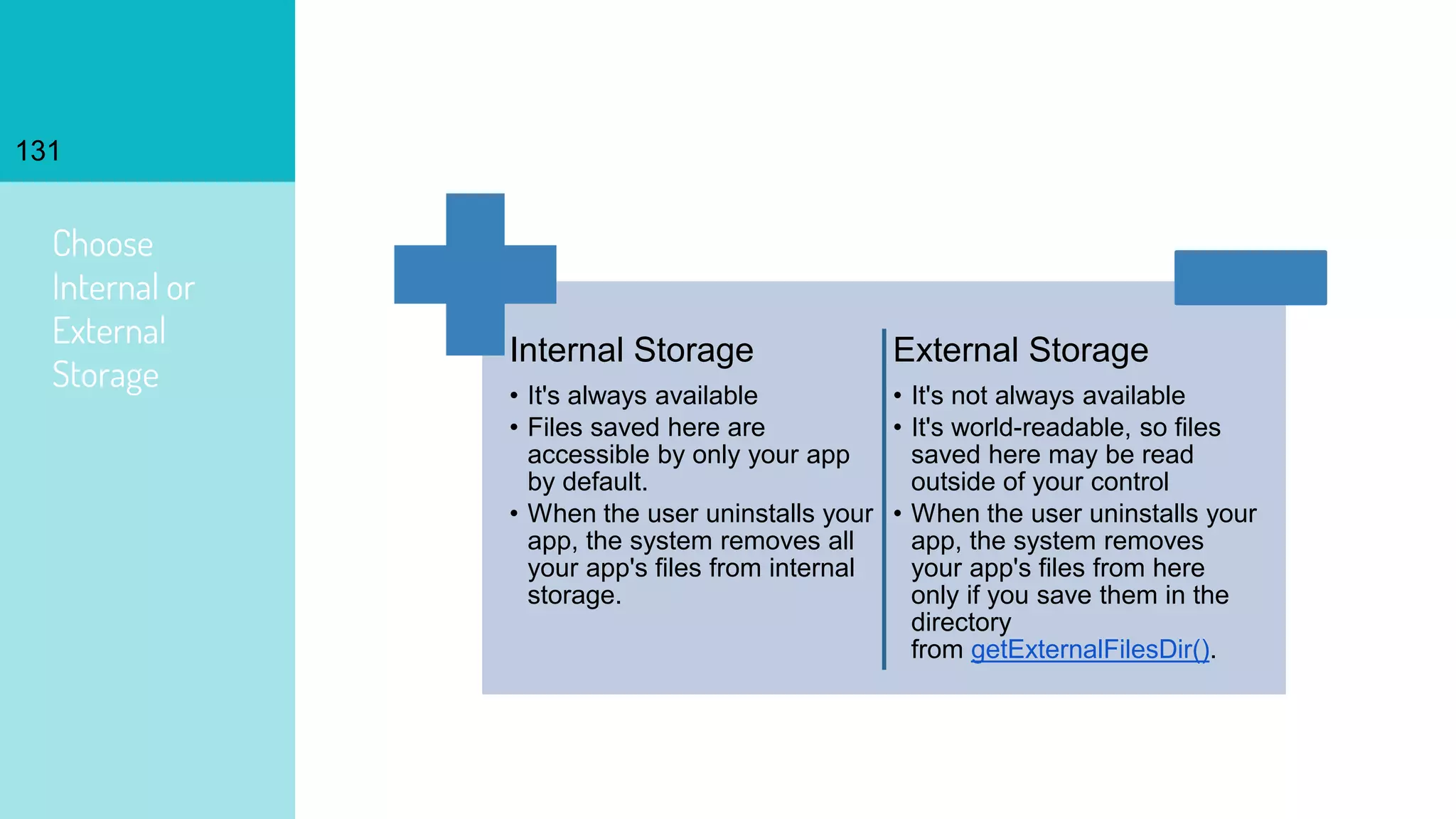 131
Choose
Internal or
External
Storage
Internal Storage
• It's always available
• Files saved here are
accessible by only your app
by default.
• When the user uninstalls your
app, the system removes all
your app's files from internal
storage.
External Storage
• It's not always available
• It's world-readable, so files
saved here may be read
outside of your control
• When the user uninstalls your
app, the system removes
your app's files from here
only if you save them in the
directory
from getExternalFilesDir().
 