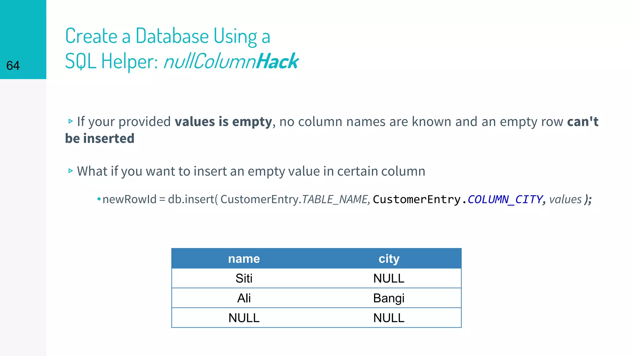 64
Create a Database Using a
SQL Helper: nullColumnHack
▹If your provided values is empty, no column names are known and an empty row can't
be inserted
▹What if you want to insert an empty value in certain column
⬩newRowId = db.insert( CustomerEntry.TABLE_NAME, CustomerEntry.COLUMN_CITY, values );
name city
Siti NULL
Ali Bangi
NULL NULL
 