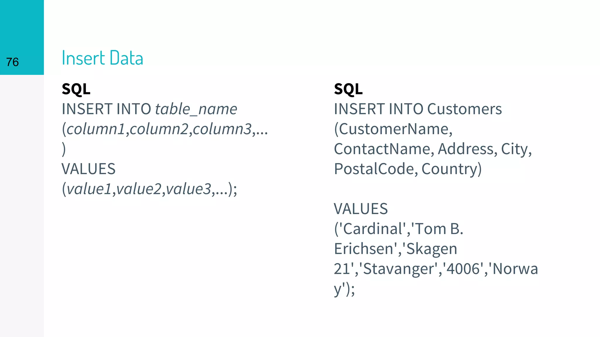 SQL
INSERT INTO table_name
(column1,column2,column3,...
)
VALUES
(value1,value2,value3,...);
Insert Data76
SQL
INSERT INTO Customers
(CustomerName,
ContactName, Address, City,
PostalCode, Country)
VALUES
('Cardinal','Tom B.
Erichsen','Skagen
21','Stavanger','4006','Norwa
y');
 
