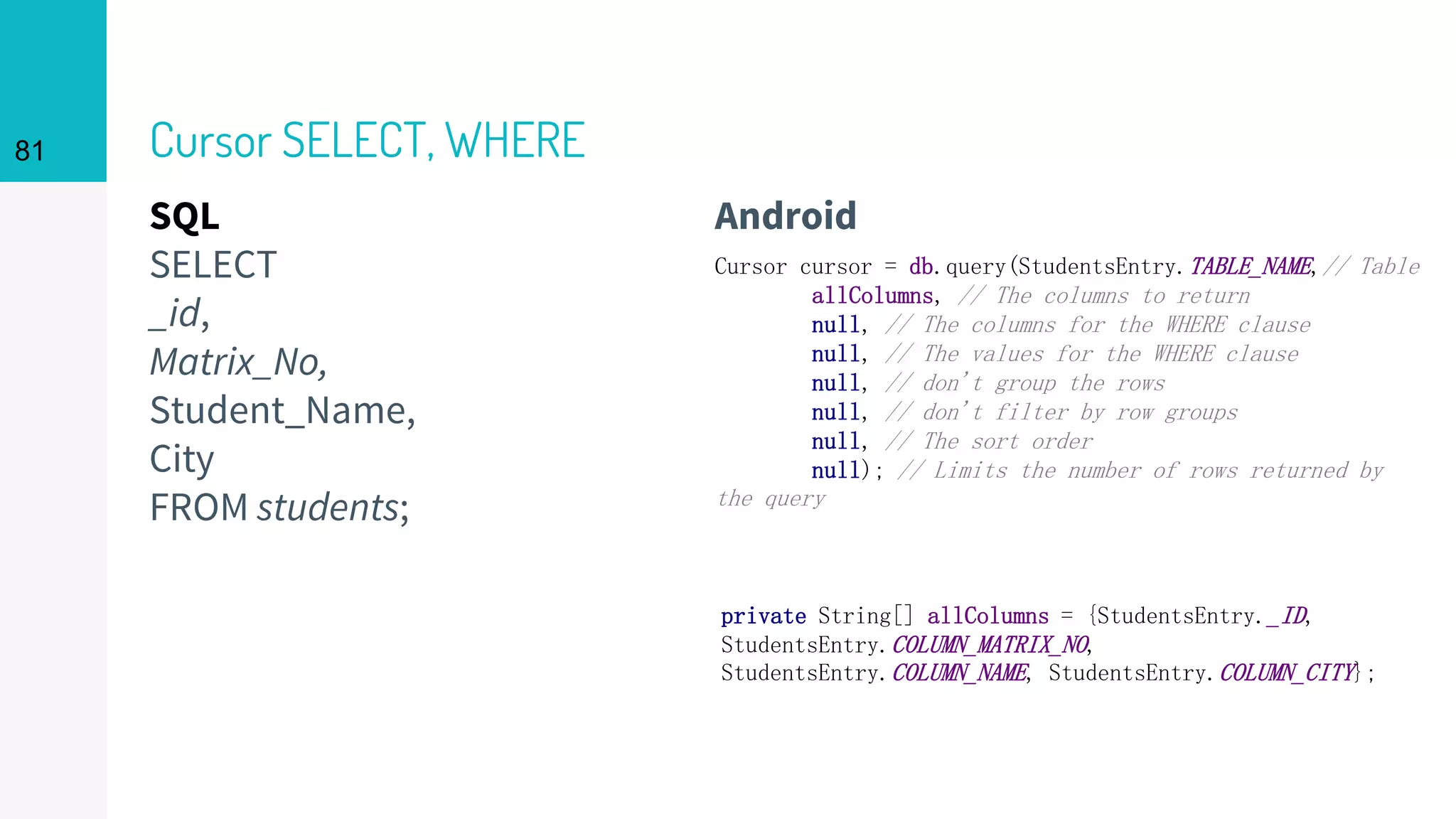 SQL
SELECT
_id,
Matrix_No,
Student_Name,
City
FROM students;
Cursor SELECT, WHERE
Android
81
Cursor cursor = db.query(StudentsEntry.TABLE_NAME,// Table
allColumns, // The columns to return
null, // The columns for the WHERE clause
null, // The values for the WHERE clause
null, // don't group the rows
null, // don't filter by row groups
null, // The sort order
null); // Limits the number of rows returned by
the query
private String[] allColumns = {StudentsEntry._ID,
StudentsEntry.COLUMN_MATRIX_NO,
StudentsEntry.COLUMN_NAME, StudentsEntry.COLUMN_CITY};
 